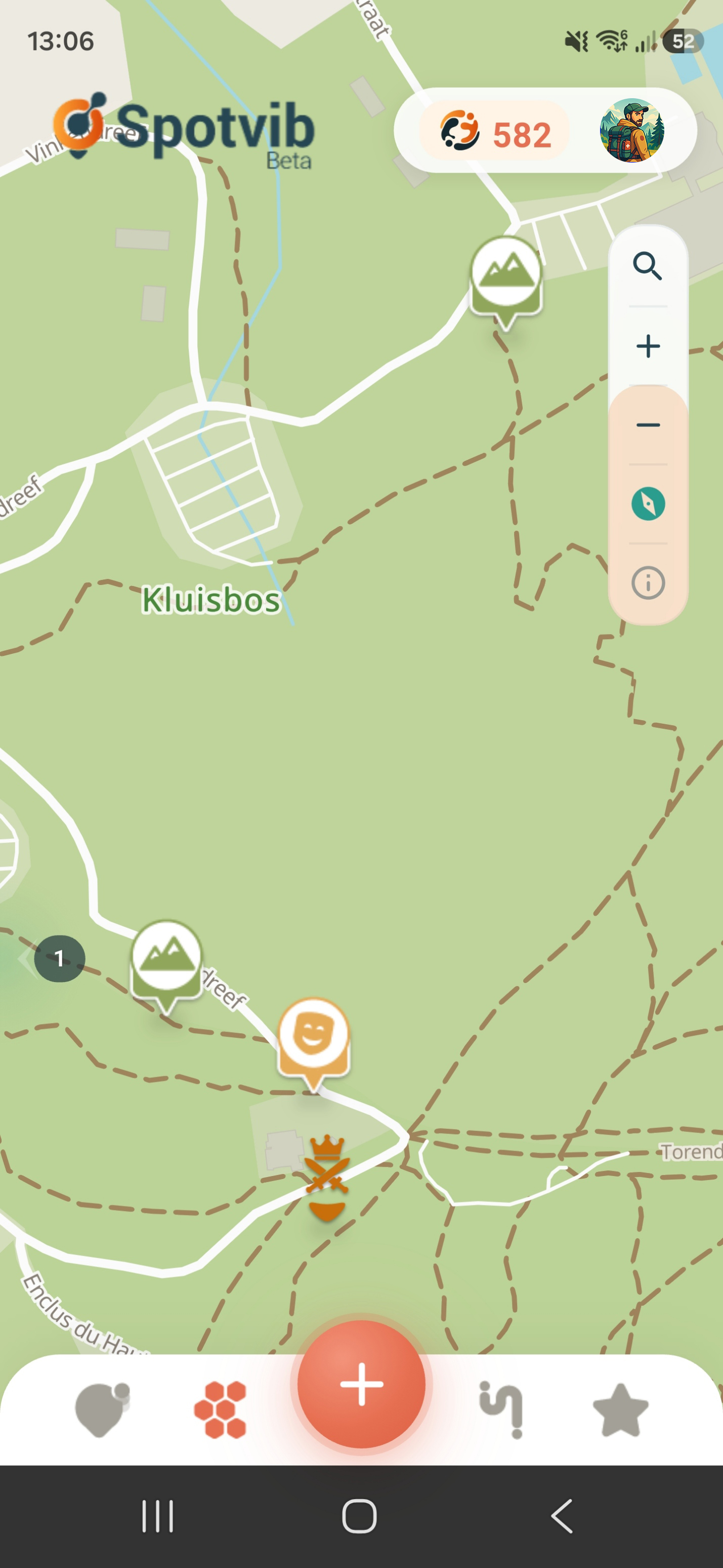 Carte épurée Spotvib : sentiers et spots dans le Kluisbos