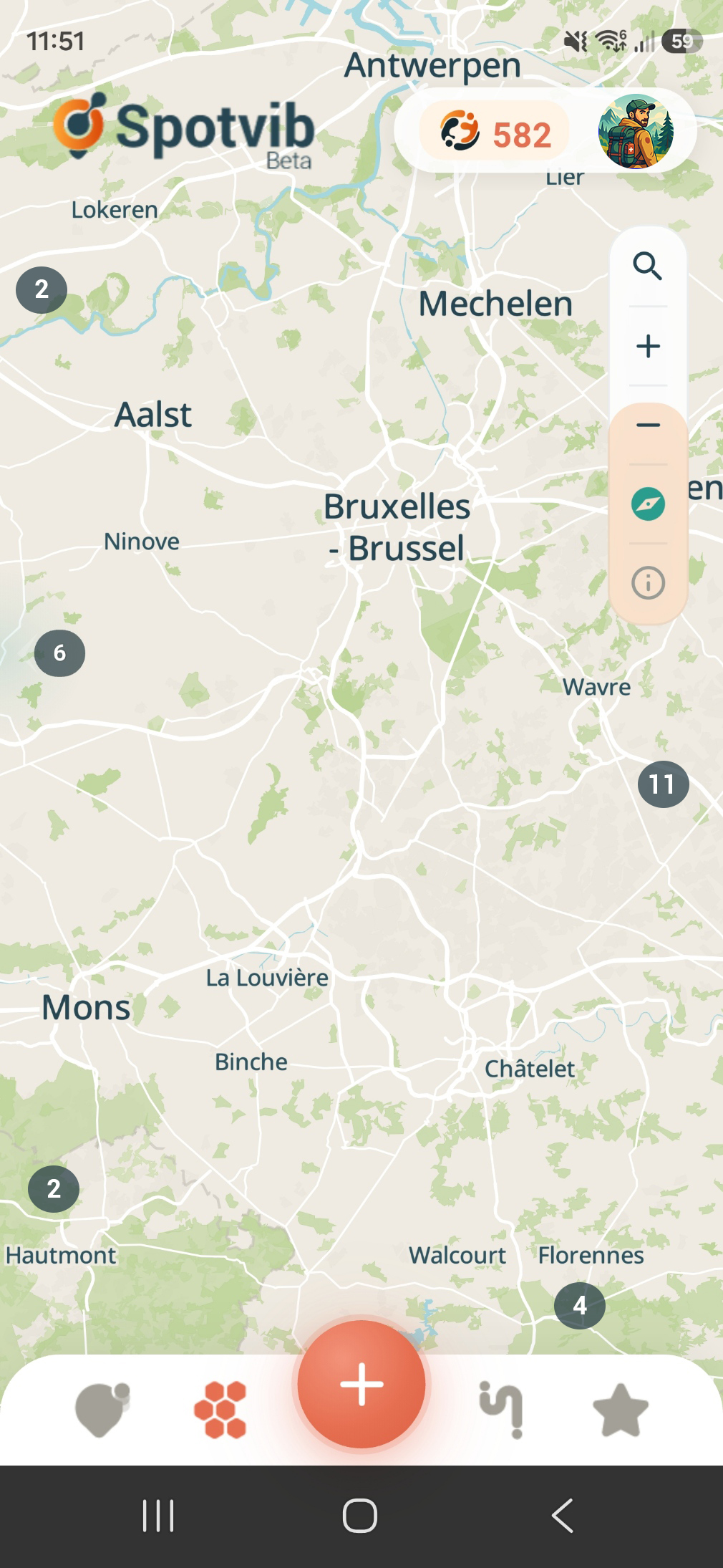 Carte Spotvib : spots et clusters autour de Bruxelles
